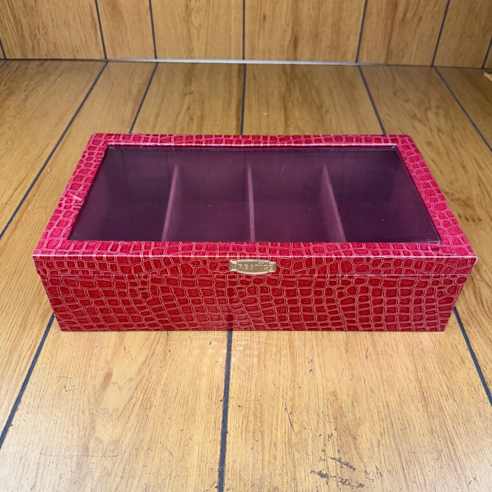 Prestige Red Faux Croc Jewelry Box Organizer with Plastic Lid and 4 Compartments